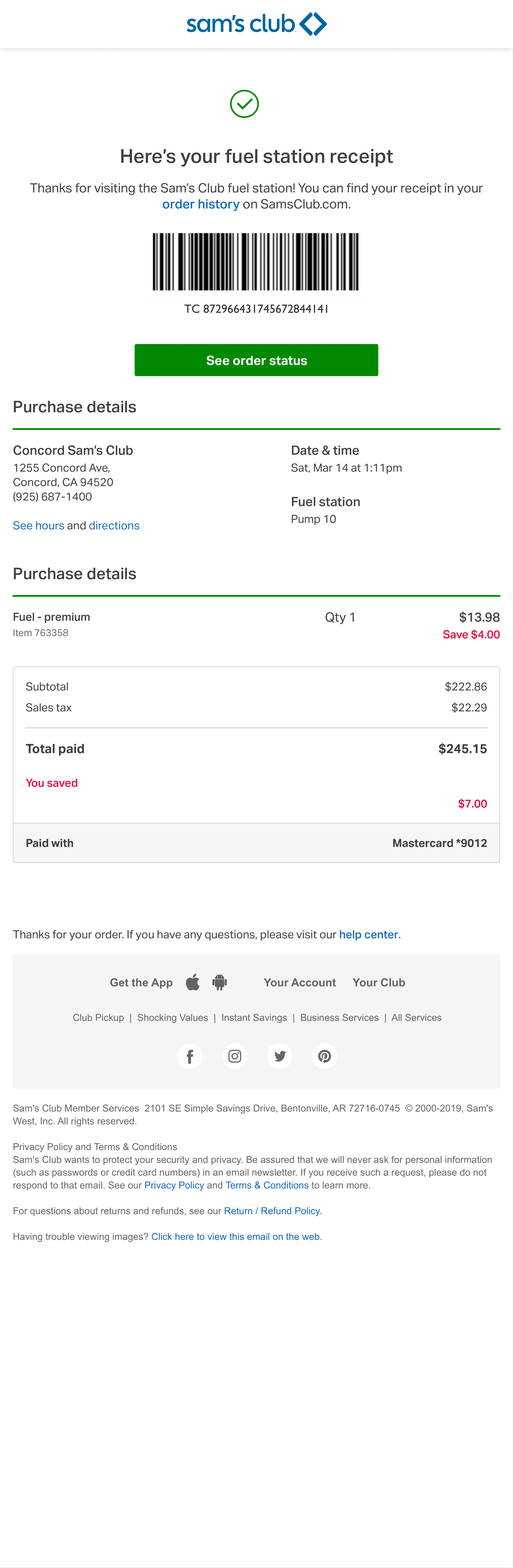 Sam's Club transactional email receipt for premium fuel purchased for $13.98 at Concord Sam's Club on Sat, Mar 14 at 1:11pm. Transaction number: TC 872966431745672844141