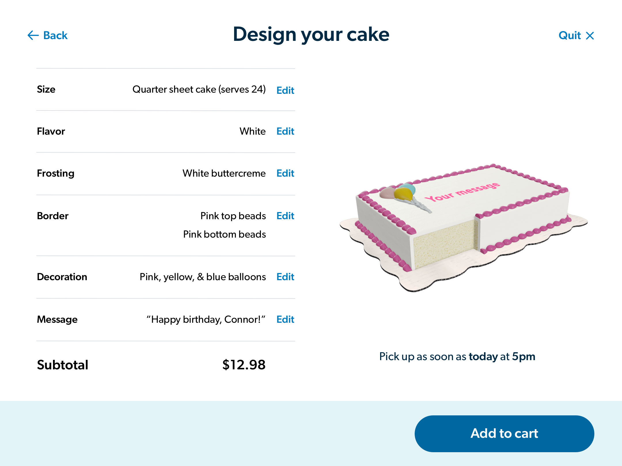 Review your cake order and add it to your cart when you're ready