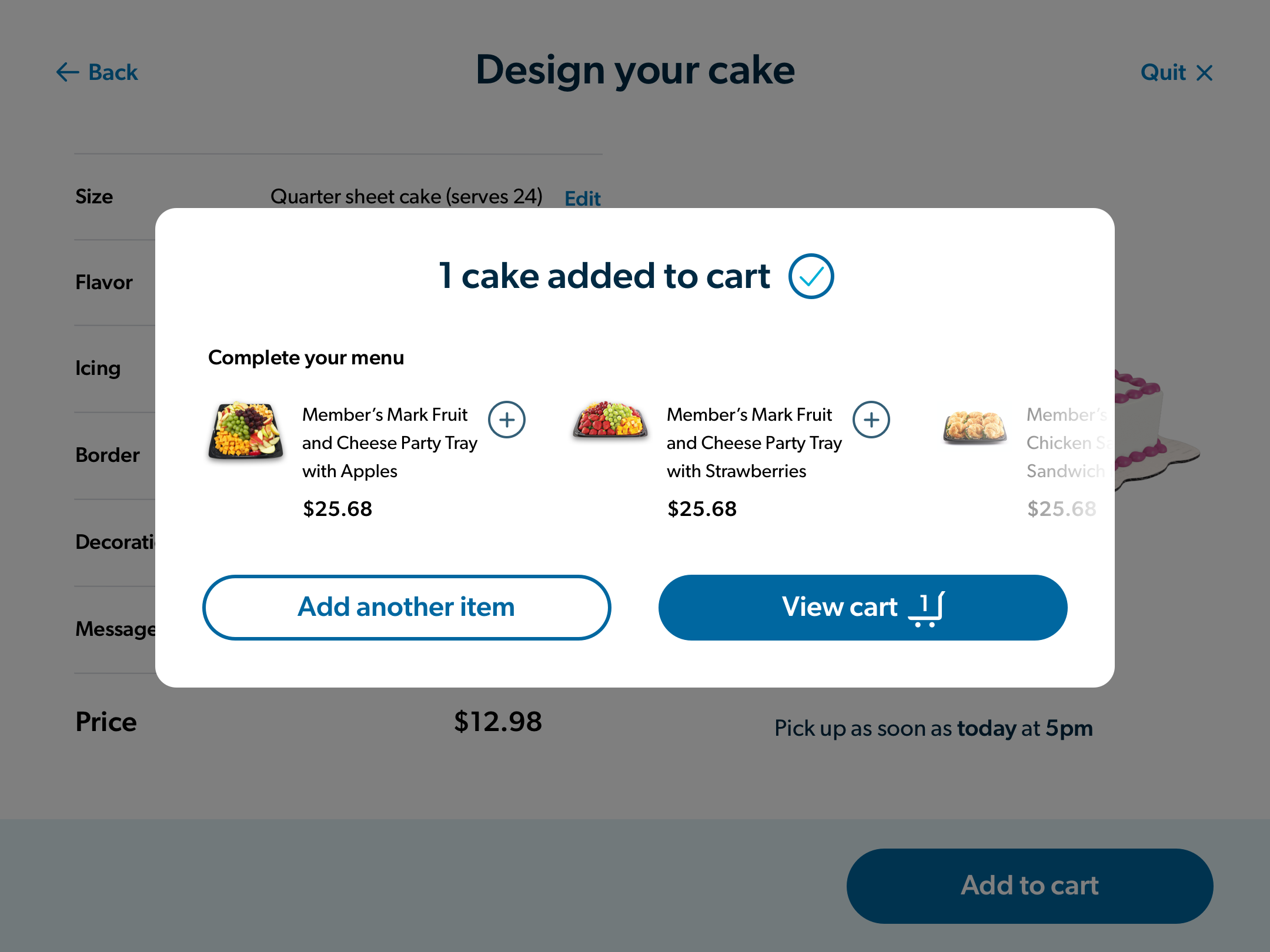Cake added to cart. Complete your menu with another suggested bakery/deli item