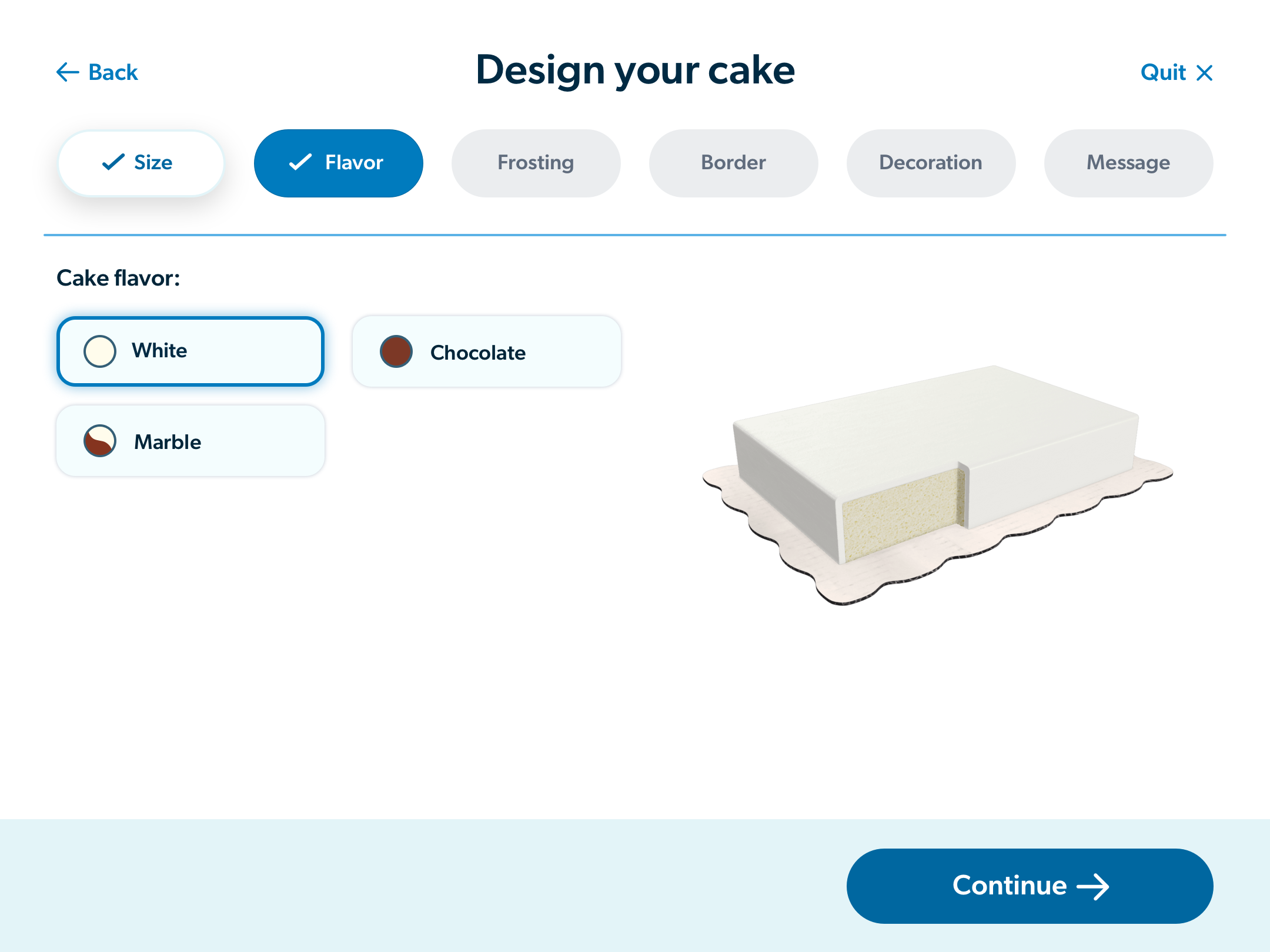 Select a cake flavor: white, chocolate, marble.
