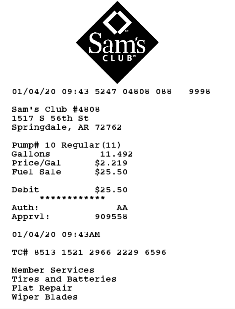 Example of Sam's Club fuel paper receipt for a purchase of 11.492 gallons of fuel for $25.50, at Springdale Sam's Club #4808 on Jan 4 at 9:43am.