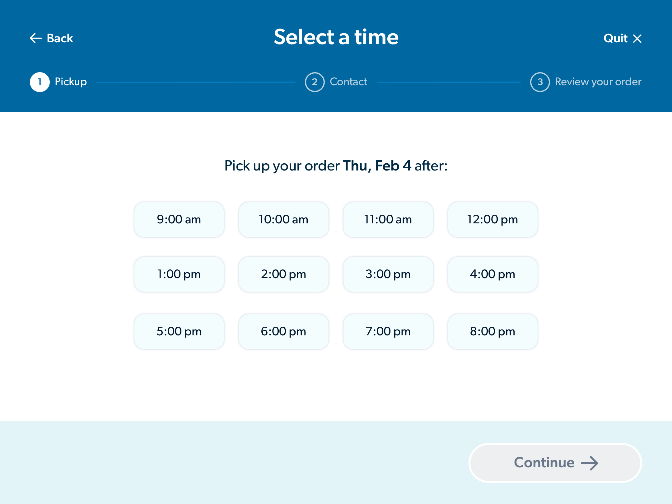 Select a time to pick up your order
