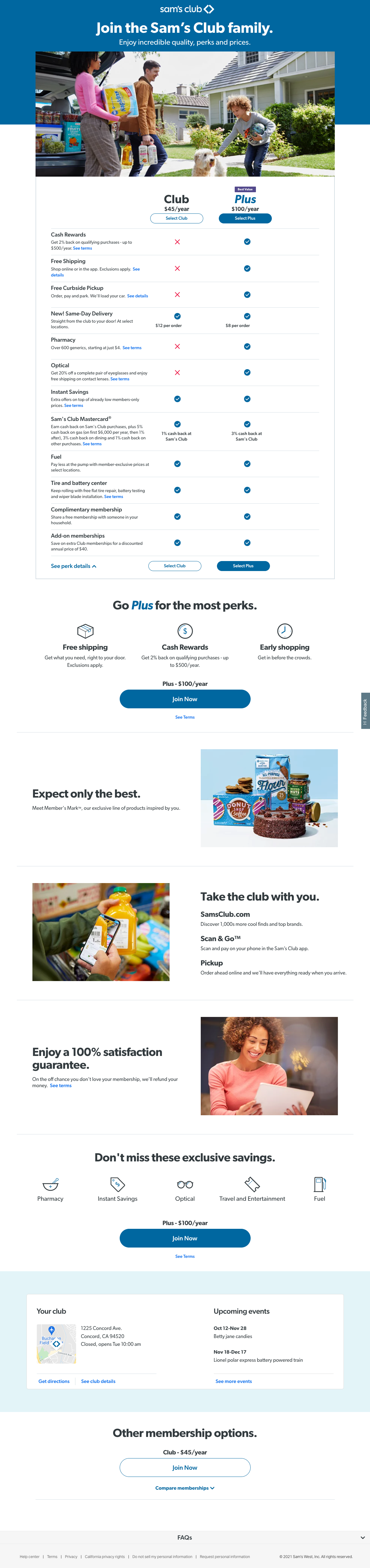 Sam's Club membership join landing page after FY21 redesign, with expanded details about membership perks